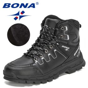 BONA 2022 New Designers Action Leather Hiking Shoes Men Winter Trekking Ankle Boots Man Top Quality Fashion Plush Boots Male (Color: Black silver gray, size: 10.5)